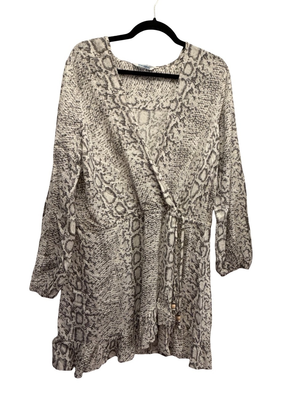 Snake Print Wrap Dress Womens Size L Beige Taupe Long Sleeve Ruffle Hem